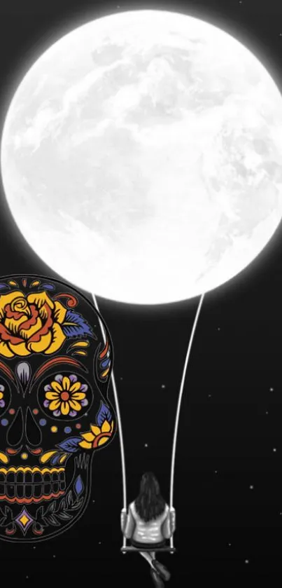 Artistic wallpaper with skull and moon design.