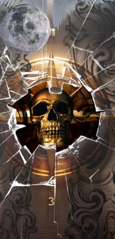 Skull with cracked glass and moon wallpaper.