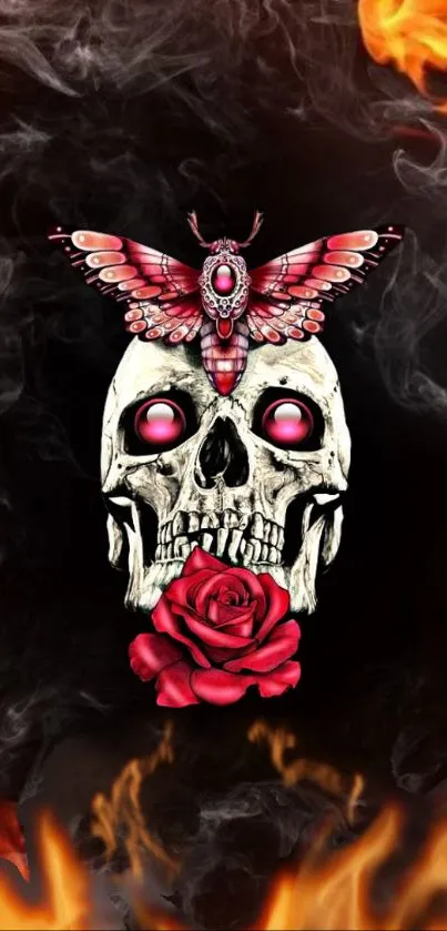 Skull with moth and rose, dark smoky background.