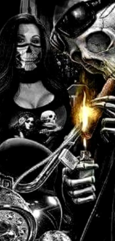 Artwork of skulls and motorcycles with flames.