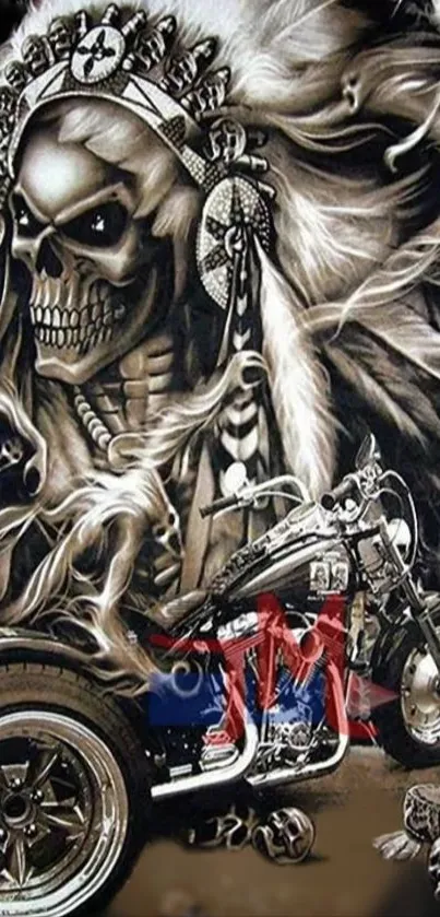 Dark themed wallpaper with skull and motorcycle art design.