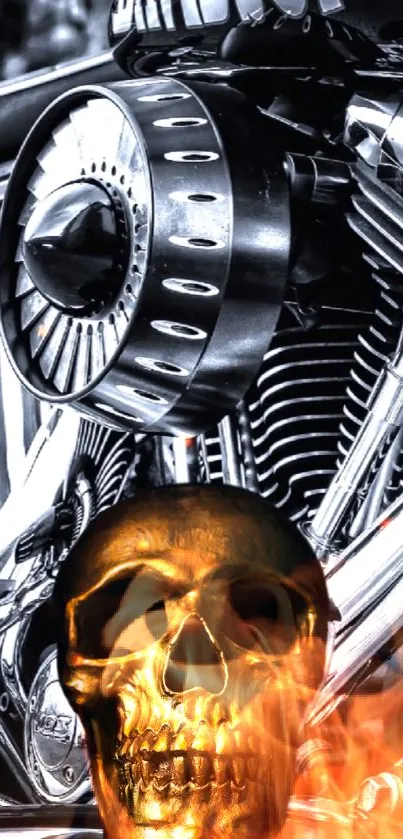 Fiery skull set against a chrome motorcycle engine, blending art elements.