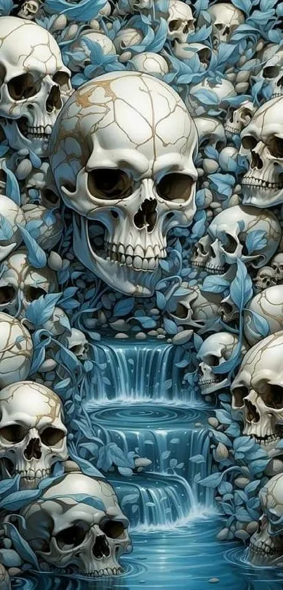 Skulls amidst blue foliage and waterfall in artistic wallpaper.