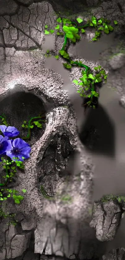 Skull with green foliage and purple flowers on stone texture.