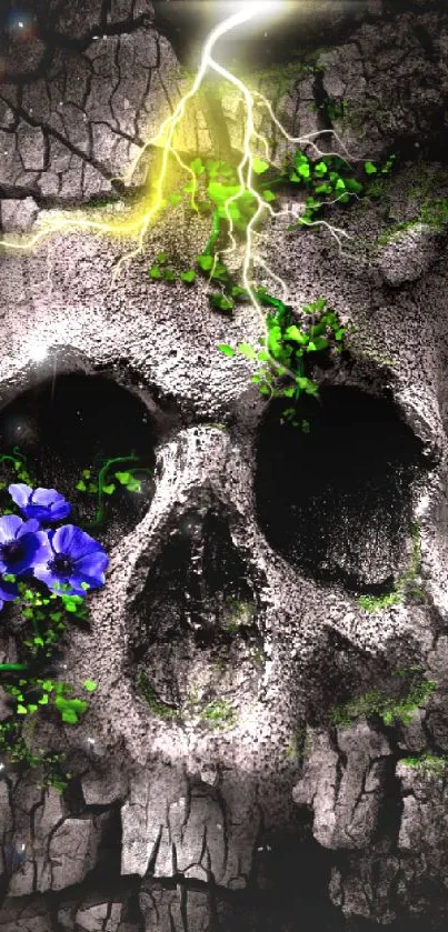 Cracked skull with flowers and lightning on textured background.