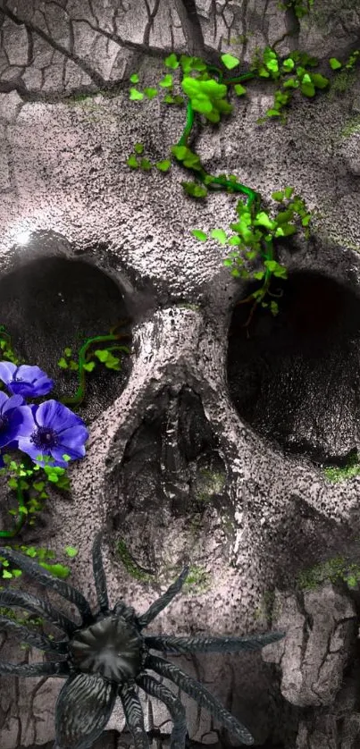 Skull surrounded by flowers and vines on wallpaper.