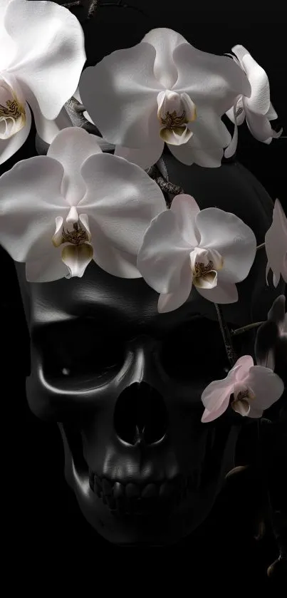 Black skull with white orchids artistic wallpaper.