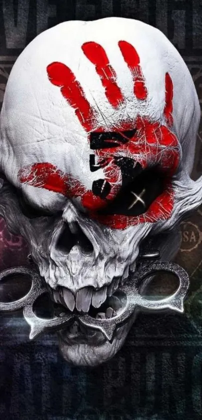 Mobile wallpaper with a skull and red handprint design, dark and gothic theme.