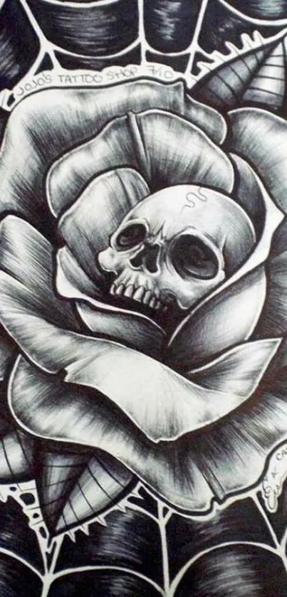 Monochrome skull within a detailed rose design wallpaper.