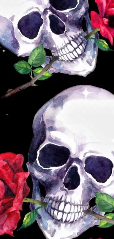 Mobile wallpaper with skulls and red roses on a black background.