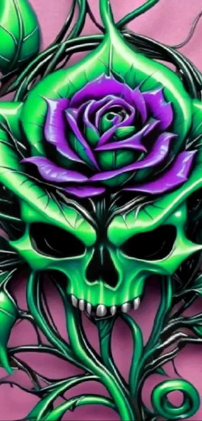 Green skull with purple rose on pink background wallpaper.