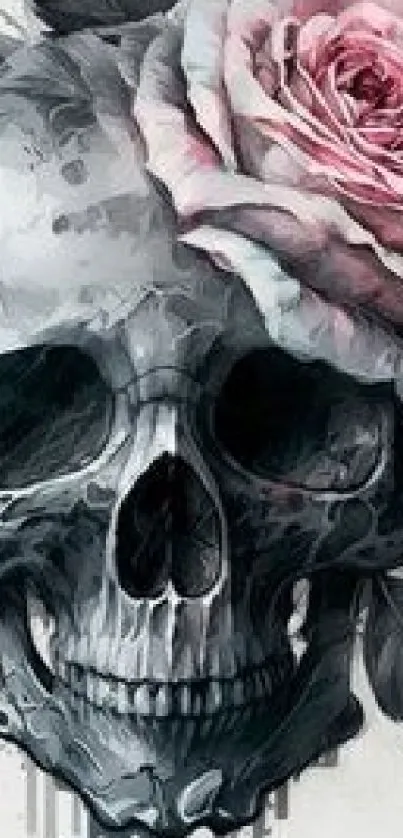 Skull adorned with a beautiful pink rose