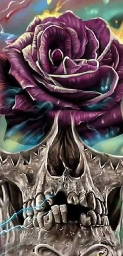 Artistic wallpaper with a skull adorned by a vibrant purple rose with dynamic colors.