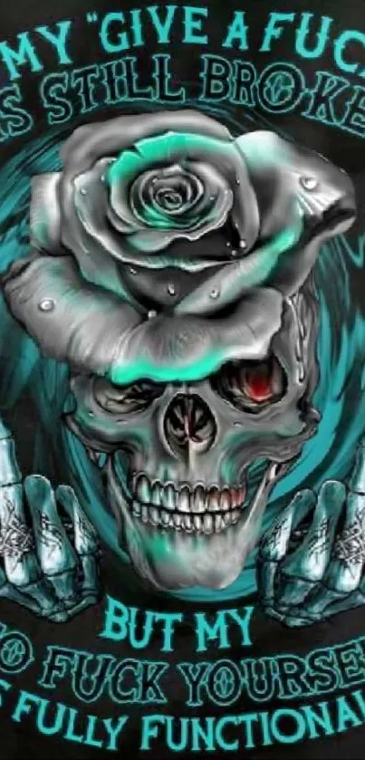 Gothic skull and rose with teal accents.