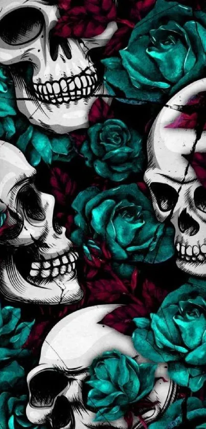 Mobile wallpaper featuring skull illustrations with turquoise roses.