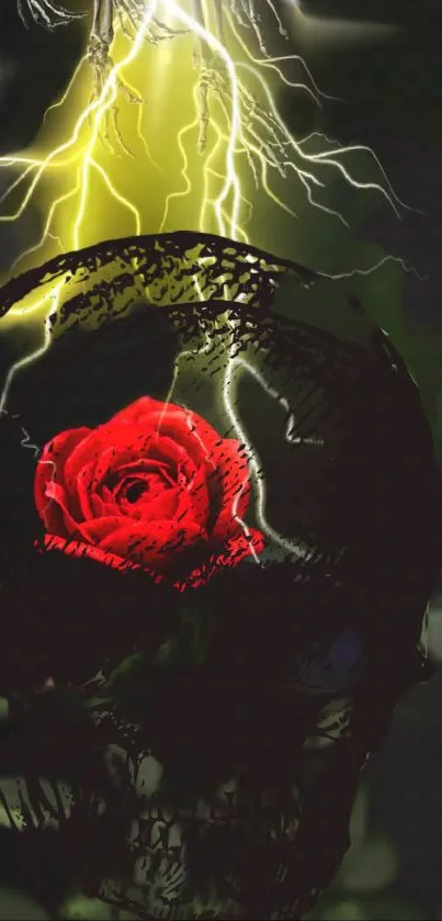 Red rose within a skull, illuminated by lightning on a dark background.