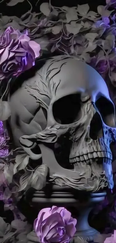 Gothic skull with purple roses wallpaper design.