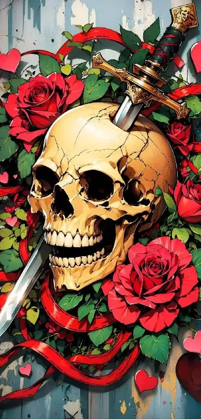 Skull with a sword and roses wallpaper art.