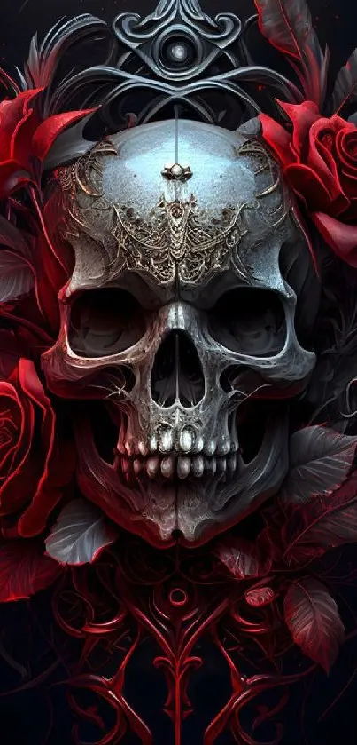 Intricate skull and red roses mobile wallpaper.