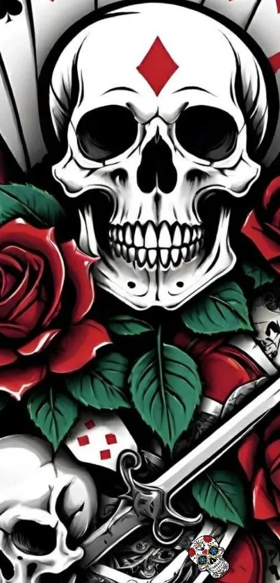 Skull and roses artistic wallpaper with playing cards.