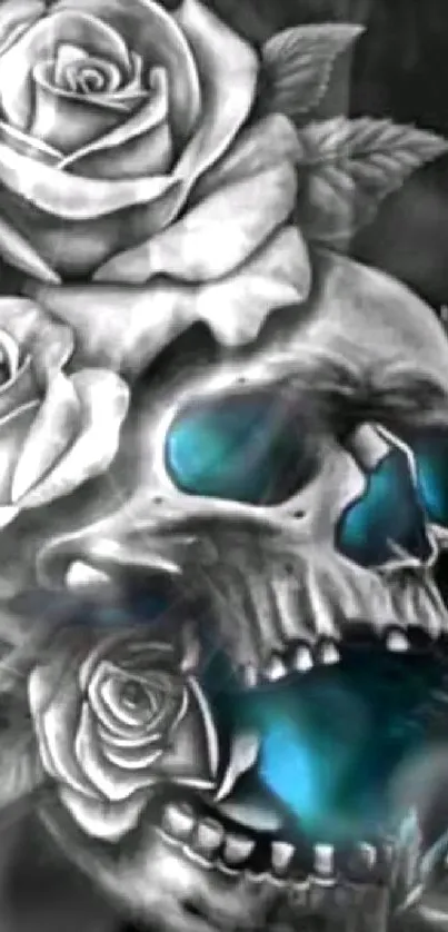 Gothic skull with roses and turquoise highlights wallpaper.