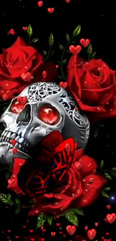 Gothic skull with red roses mobile wallpaper.