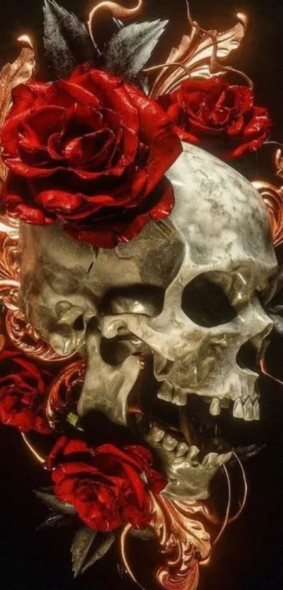 Dark wallpaper featuring a skull with red roses and decorative accents.