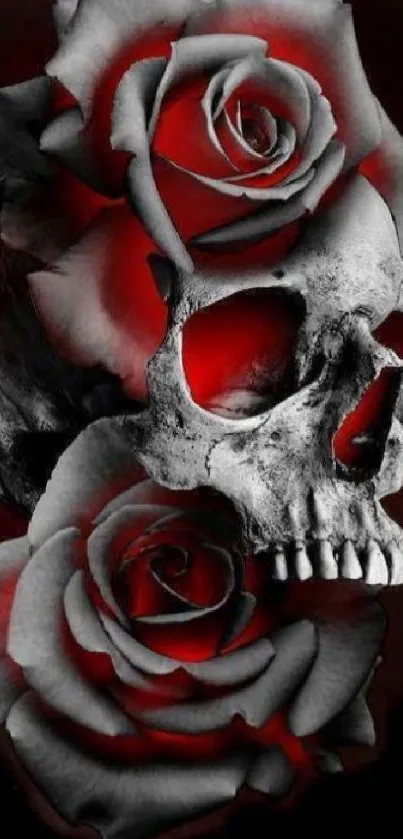 Dark skull and roses wallpaper with red accents.