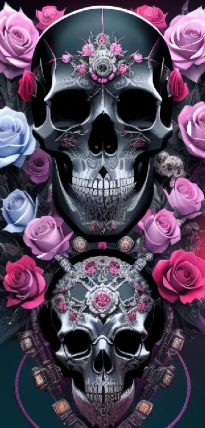 Artistic skull with roses mobile wallpaper in dark gothic style.