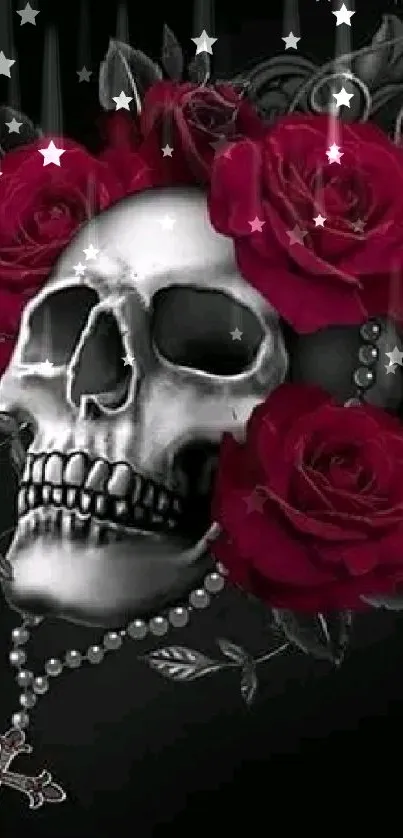 Skull with red roses and cross pendant on a dark background.