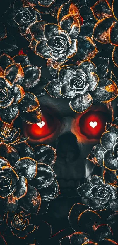 Floral skull design with vivid red eyes and black background.