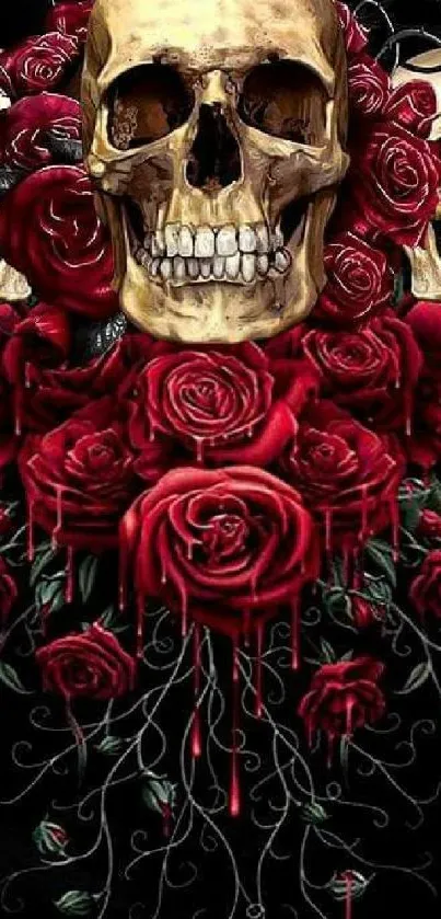 Mobile wallpaper with skulls and red roses on a dark background.