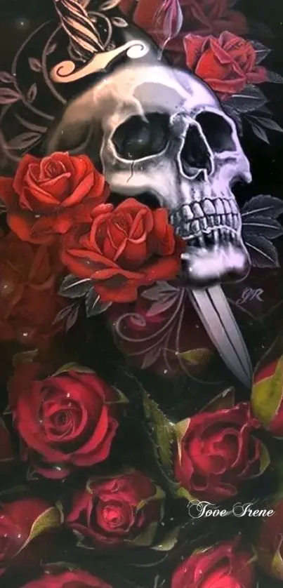 Gothic skull with red roses and dagger art.