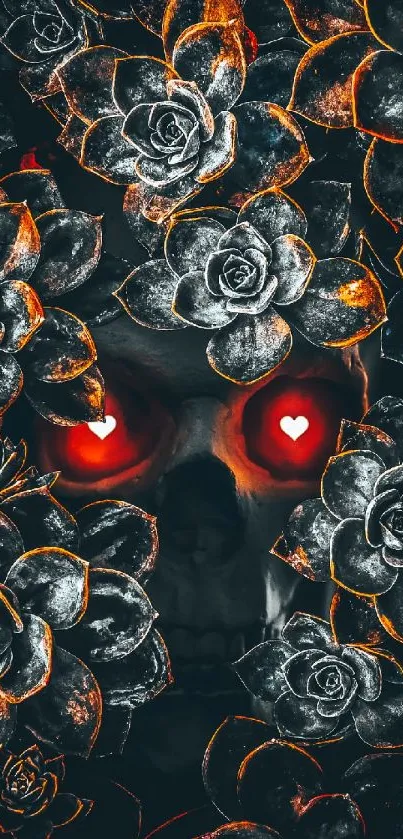 Dark skull and roses wallpaper with red eyes.