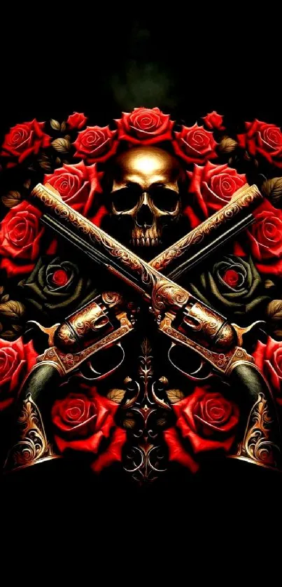 Gothic skull with roses and pistols on black background.