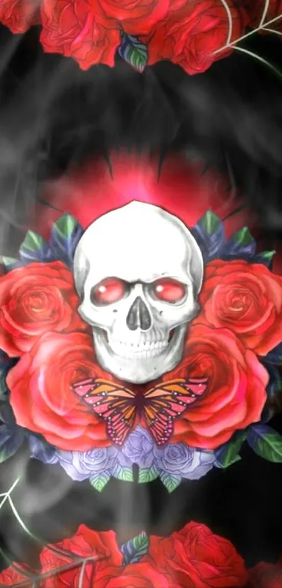 Gothic skull and roses with butterfly mobile wallpaper.