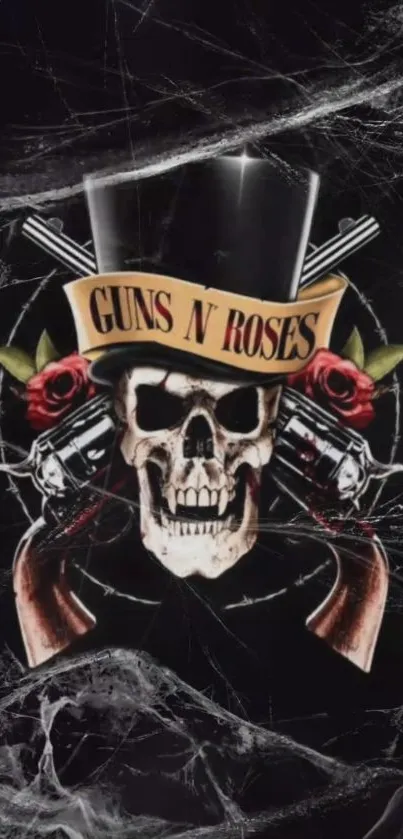 Mobile wallpaper featuring skull, roses, and guns on a textured black background.