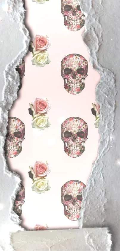 Skull and roses wallpaper with torn paper effect on a pink background.