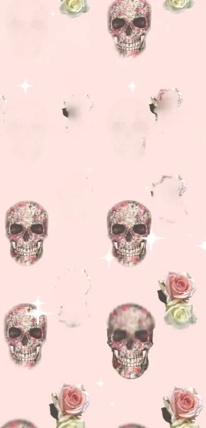 Floral skulls and roses on a pink background with sparkling effects.