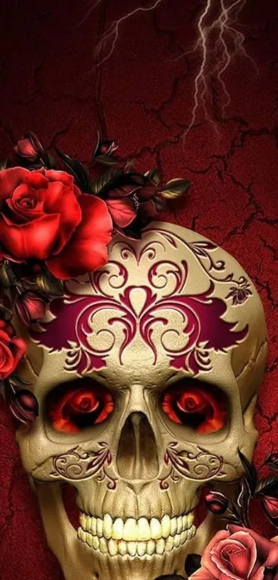 Gothic skull with roses on a dark red background, striking and artistic.