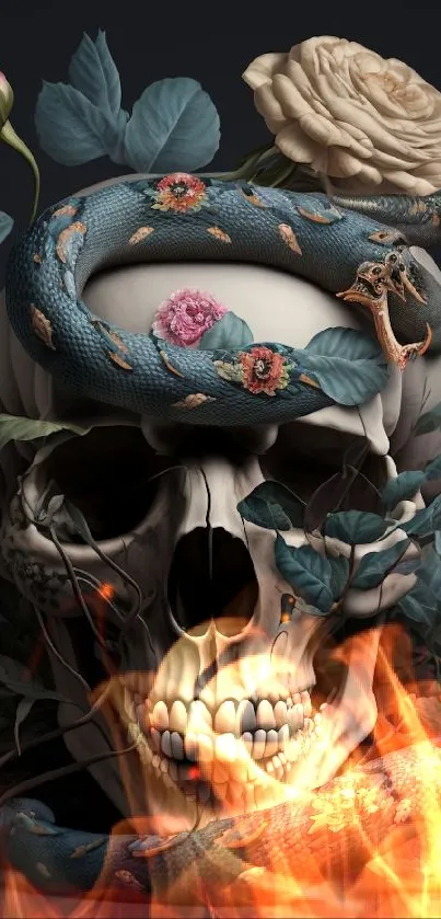 Skull with floral snake and roses wallpaper, gothic art design.