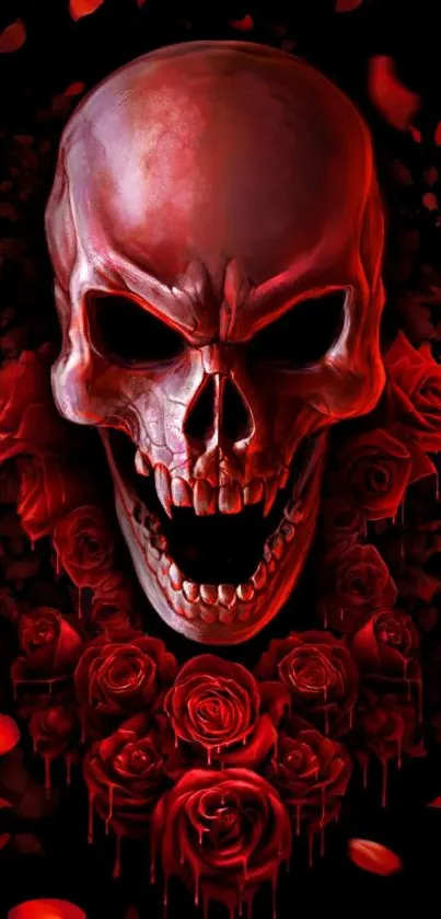 Red skull and roses on dark background wallpaper.