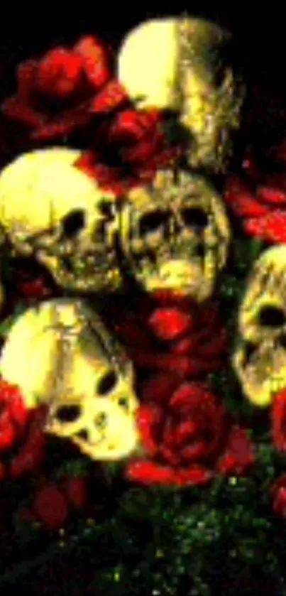 Mobile wallpaper of skulls surrounded by red roses.