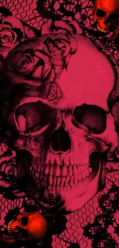 Gothic wallpaper with red skull and roses on lace background.
