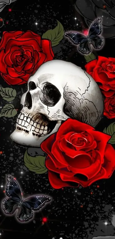 Gothic style skull with red roses and butterflies on black background