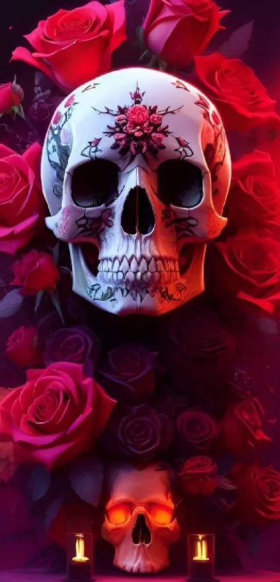 Gothic skull with red roses wallpaper art.