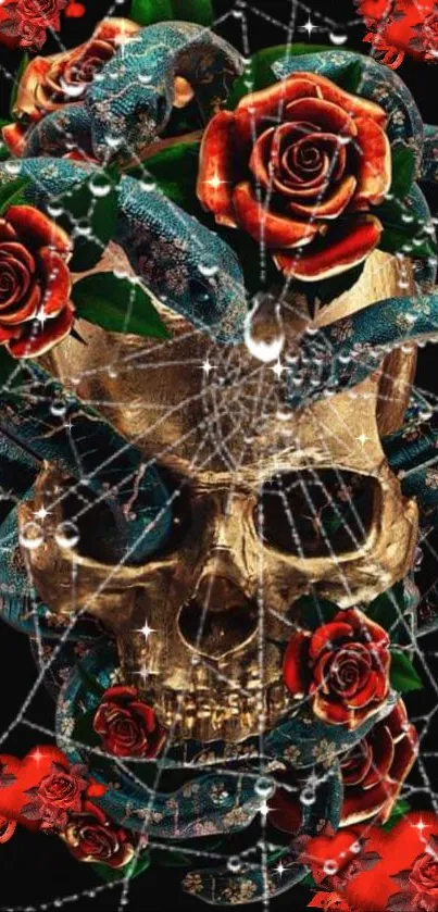 Gothic skull and red roses with dark spider web design.