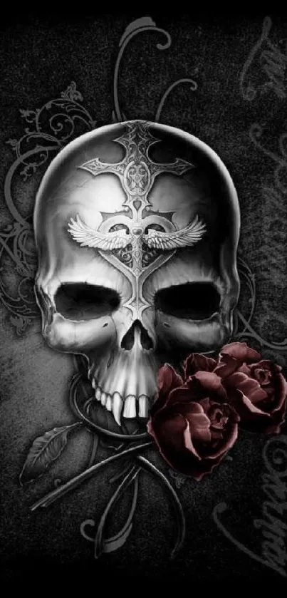 Gothic skull and roses wallpaper with intricate design.