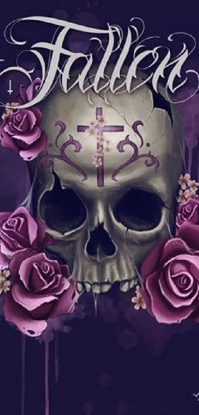 Gothic skull with purple roses wallpaper art.