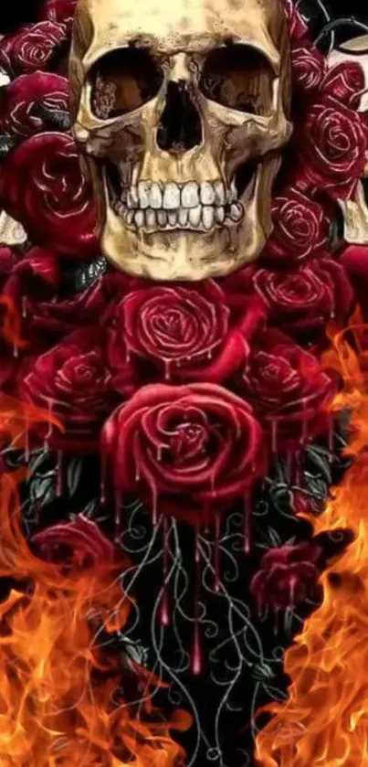 Skull with red roses and flames mobile wallpaper.